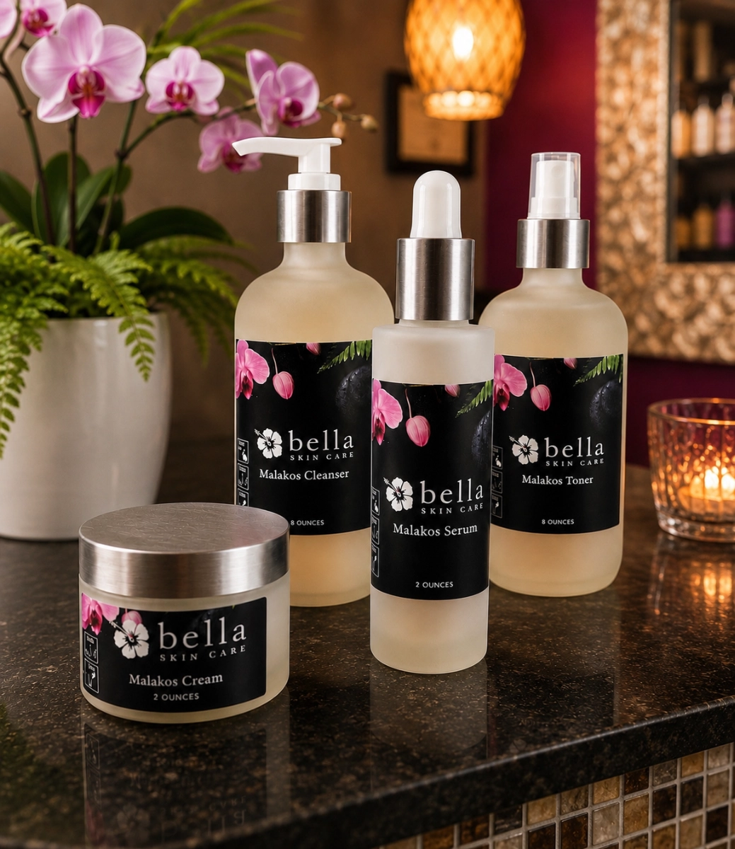 Set of Bella Skin Care Malakos products on a dark countertop with a pink orchid plant in the background.