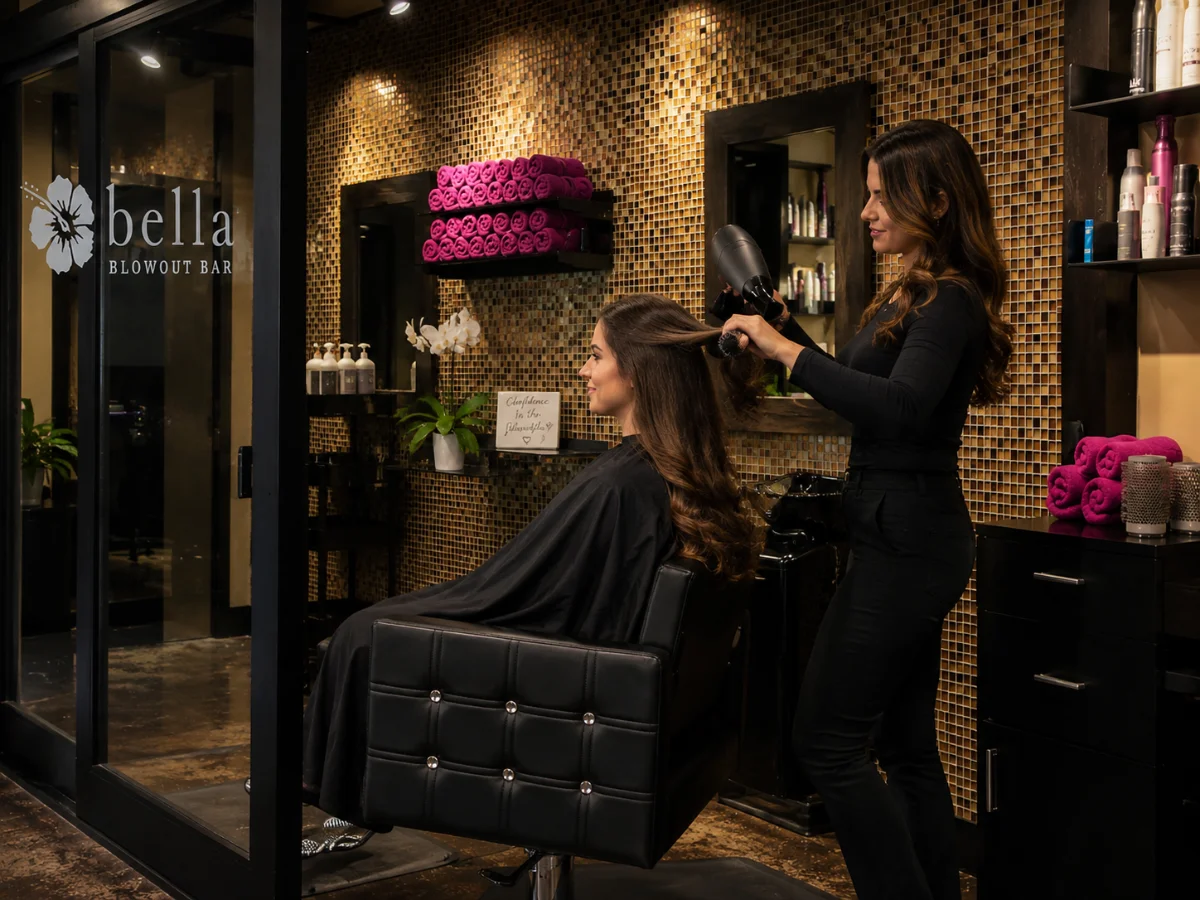 Hairdresser blow-drying a client's long hair in a chic salon with a mosaic tile wall and pink towels on shelves.