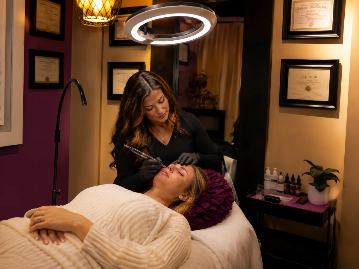 Esthetician applying facial treatment to a client lying on a spa bed under a ring light.